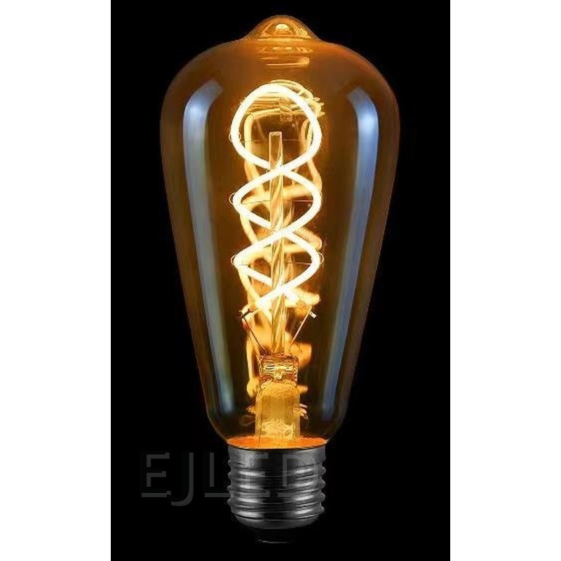 This amber glass ST64 soft filament LED bulb features a warm spiral light inside a teardrop shaped vintage shade. It operates on low wattage. - view 6