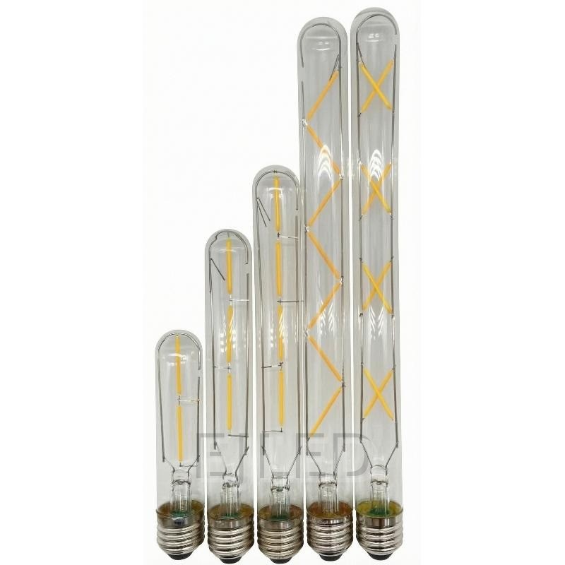 Clear tubular glass T20 filament LED bulbs feature visible yellow LED filaments arranged in various configurations inside elongated glass tubes with standard screw bases.