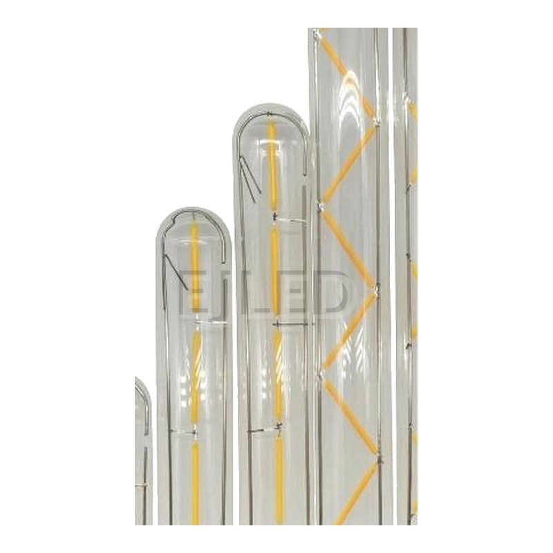 Clear tubular glass T20 filament LED bulbs feature visible yellow LED filaments arranged in various configurations inside elongated glass tubes with standard screw bases. - view 3