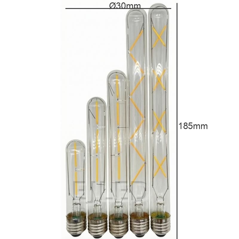 Clear tubular glass T20 filament LED bulbs feature visible yellow LED filaments arranged in various configurations inside elongated glass tubes with standard screw bases. - view 4