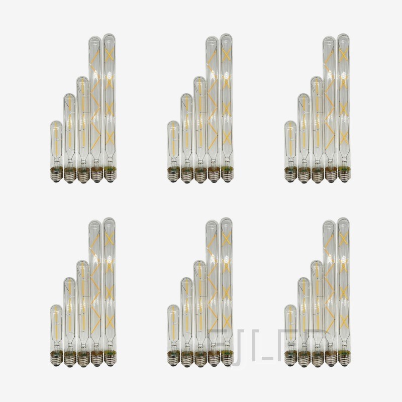 These clear glass T30 LED Edison bulbs feature visible interior filaments and standard screw bases in a selection of vertical lengths. - view 5