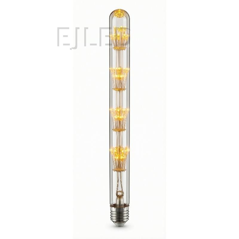 This T30 Starry LED bulb features multiple stacked internal starburst filament clusters inside a tall amber glass tubular enclosure with an Edison screw base.