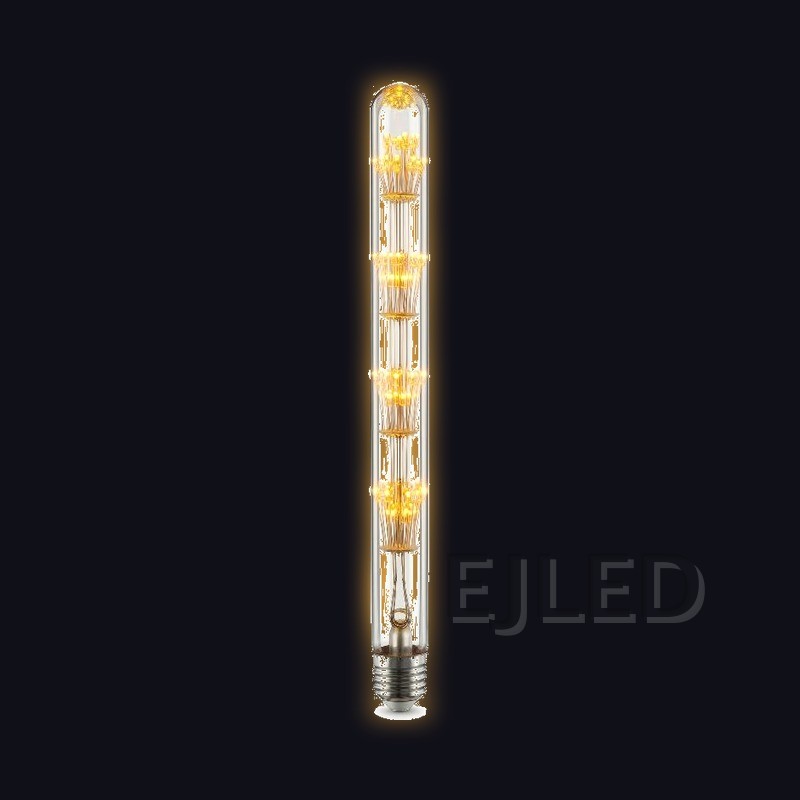 This T30 Starry LED bulb features multiple stacked internal starburst filament clusters inside a tall amber glass tubular enclosure with an Edison screw base. - view 2