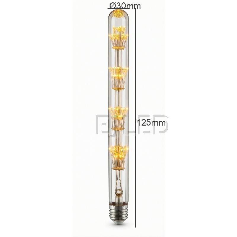 This T30 Starry LED bulb features multiple stacked internal starburst filament clusters inside a tall amber glass tubular enclosure with an Edison screw base. - view 4