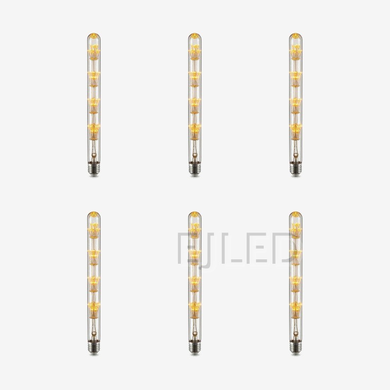 This T30 Starry LED bulb features multiple stacked internal starburst filament clusters inside a tall amber glass tubular enclosure with an Edison screw base. - view 5