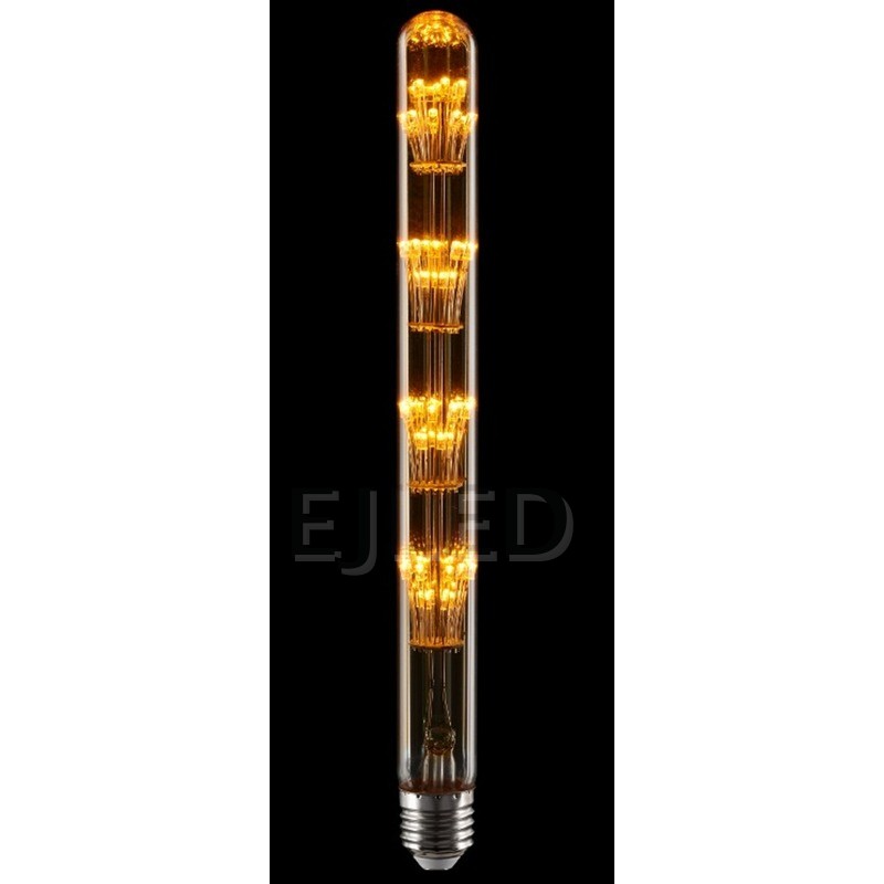 This T30 Starry LED bulb features multiple stacked internal starburst filament clusters inside a tall amber glass tubular enclosure with an Edison screw base. - view 6