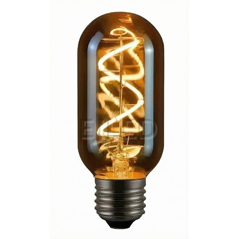 This amber glass T45 LED bulb features a visible spiral soft filament inside a tinted cylindrical glass shade with a standard threaded base.
