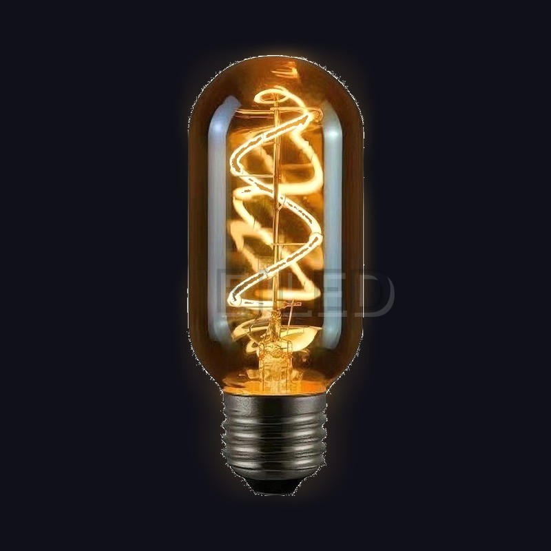 This amber glass T45 LED bulb features a visible spiral soft filament inside a tinted cylindrical glass shade with a standard threaded base. - view 2