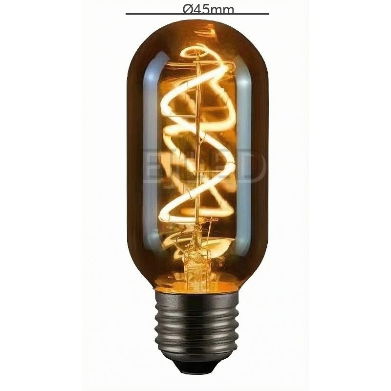 This amber glass T45 LED bulb features a visible spiral soft filament inside a tinted cylindrical glass shade with a standard threaded base. - view 4