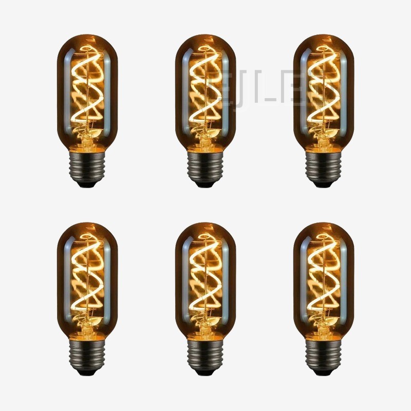 This amber glass T45 LED bulb features a visible spiral soft filament inside a tinted cylindrical glass shade with a standard threaded base. - view 5