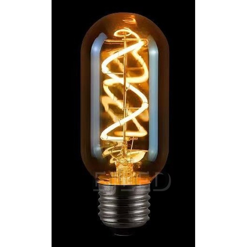 This amber glass T45 LED bulb features a visible spiral soft filament inside a tinted cylindrical glass shade with a standard threaded base. - view 6
