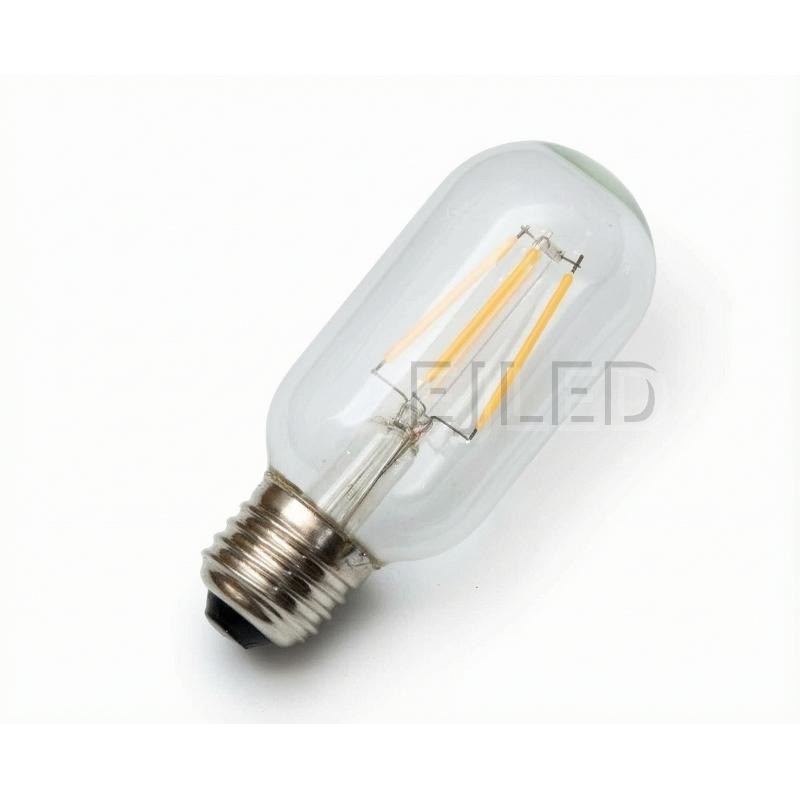 This clear glass tubular LED filament bulb features vertical internal filaments inside a transparent capsule with a standard screw base, model T45-FL.