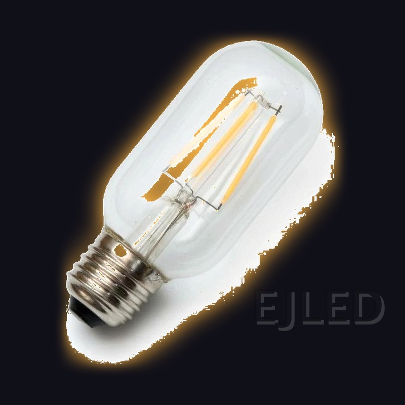 This clear glass tubular LED filament bulb features vertical internal filaments inside a transparent capsule with a standard screw base, model T45-FL. - view 2
