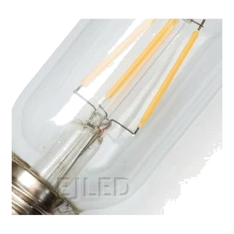 This clear glass tubular LED filament bulb features vertical internal filaments inside a transparent capsule with a standard screw base, model T45-FL. - view 3