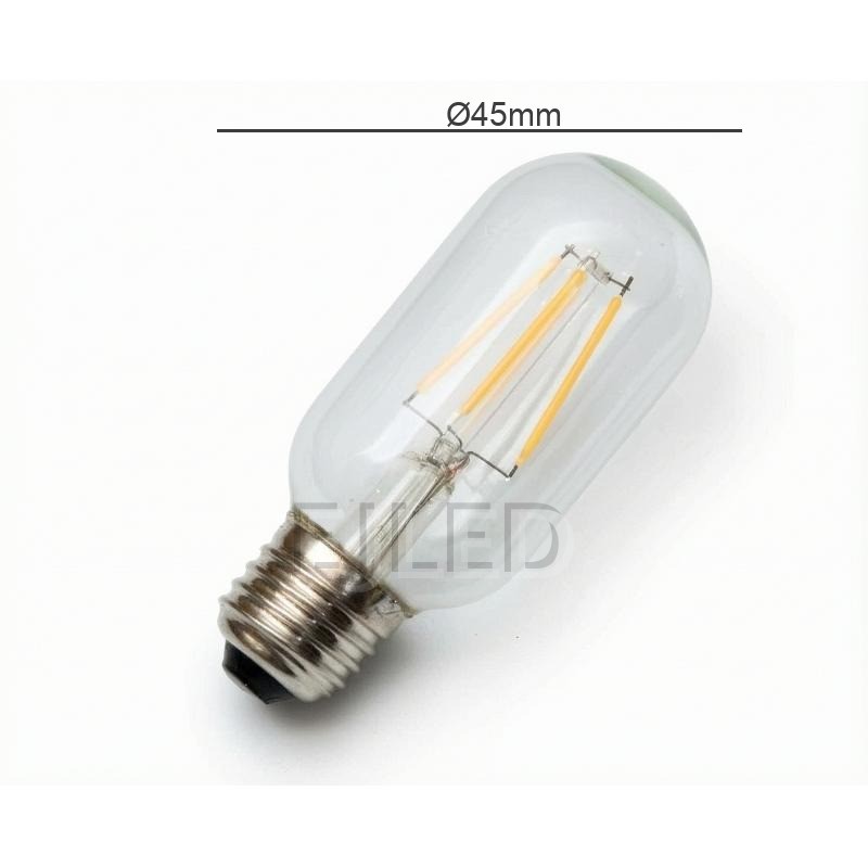 This clear glass tubular LED filament bulb features vertical internal filaments inside a transparent capsule with a standard screw base, model T45-FL. - view 4