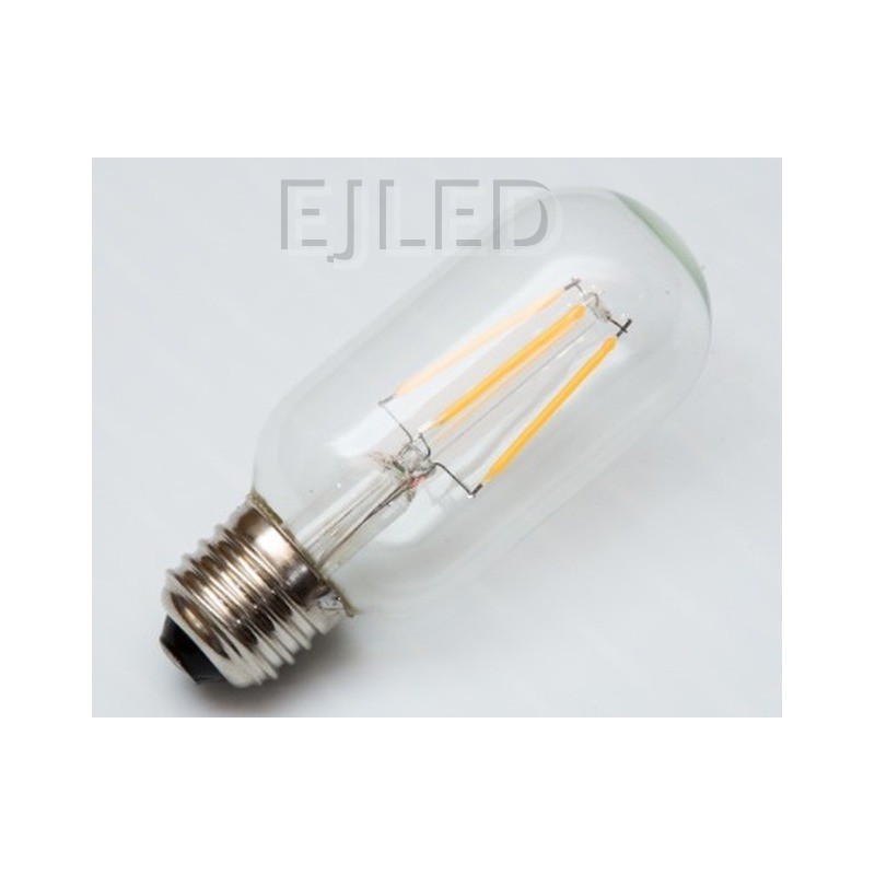 This clear glass tubular LED filament bulb features vertical internal filaments inside a transparent capsule with a standard screw base, model T45-FL. - view 6