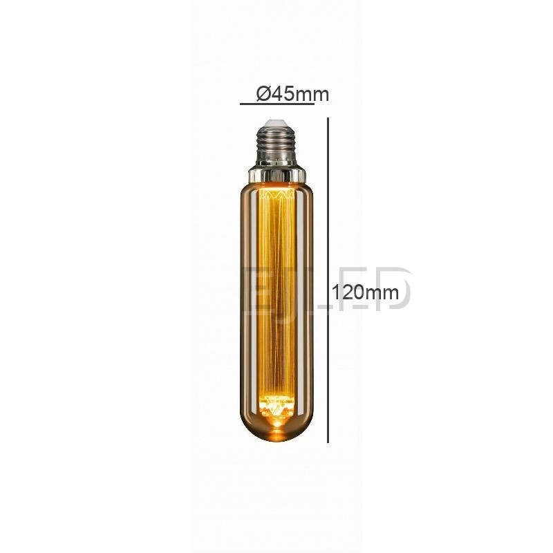 This amber glass T45 tubular LED bulb features a light guide design inside a cylindrical tinted shell. It is suited for decorative lighting projects. - view 4