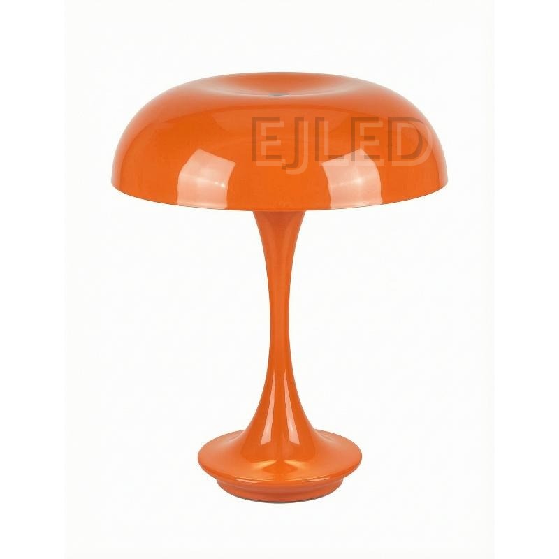 This bright orange metal table lamp features a wide dome shade and a slender trumpet base with a smooth glossy finish.