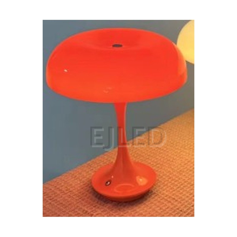 This bright orange metal table lamp features a wide dome shade and a slender trumpet base with a smooth glossy finish. - view 2