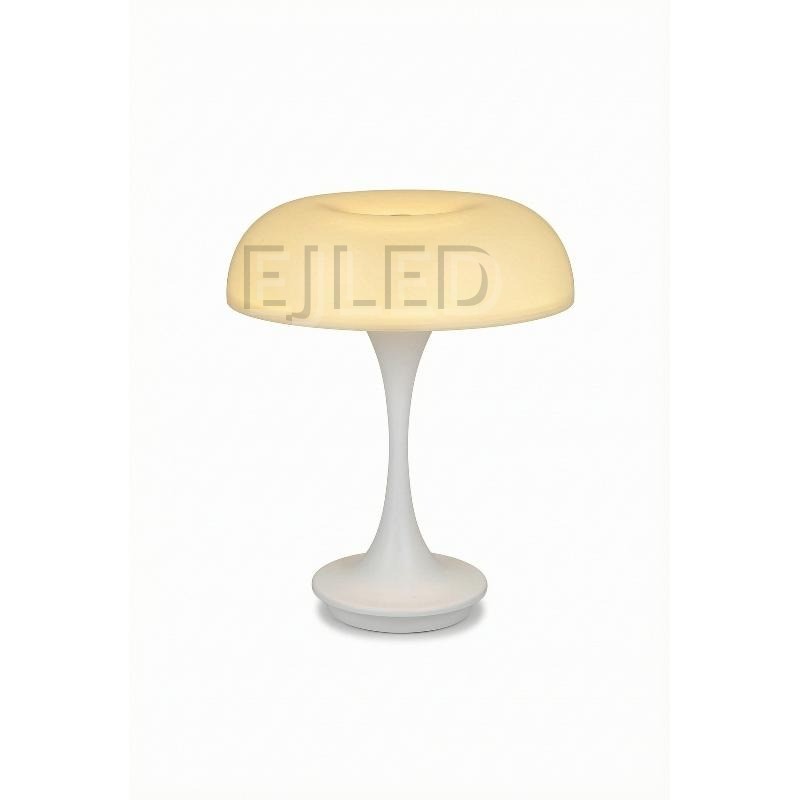 This white resin table lamp features a rounded shade and a slender pedestal base. It provides warm illumination for wholesale and hotel projects.