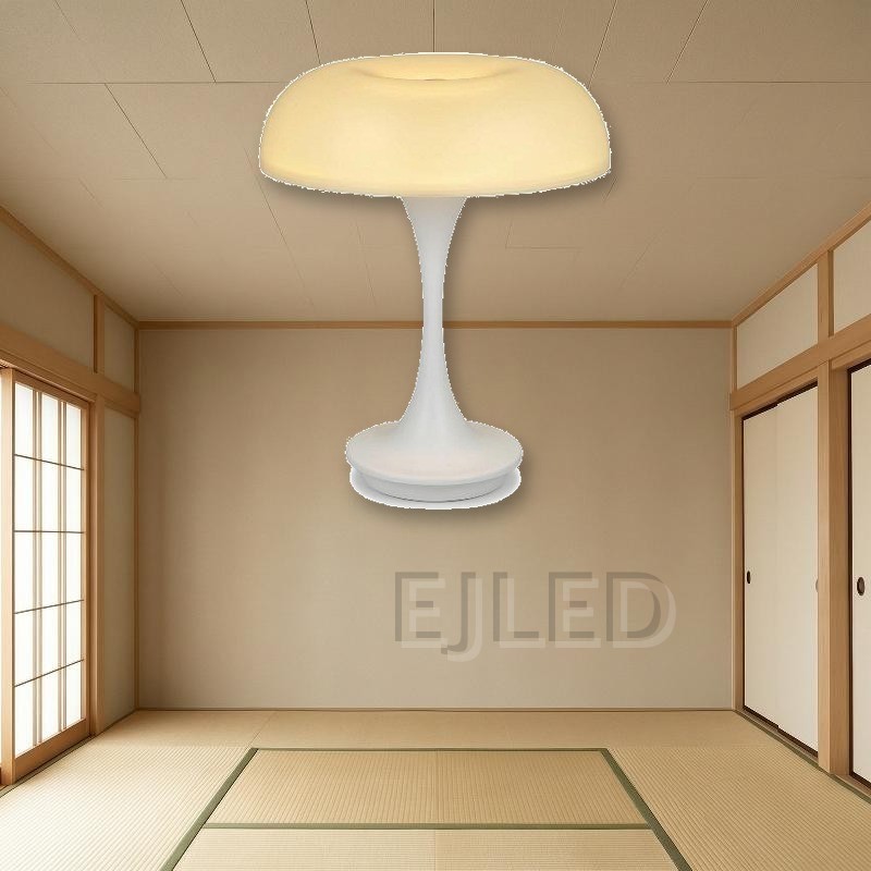 This white resin table lamp features a rounded shade and a slender pedestal base. It provides warm illumination for wholesale and hotel projects. - view 5