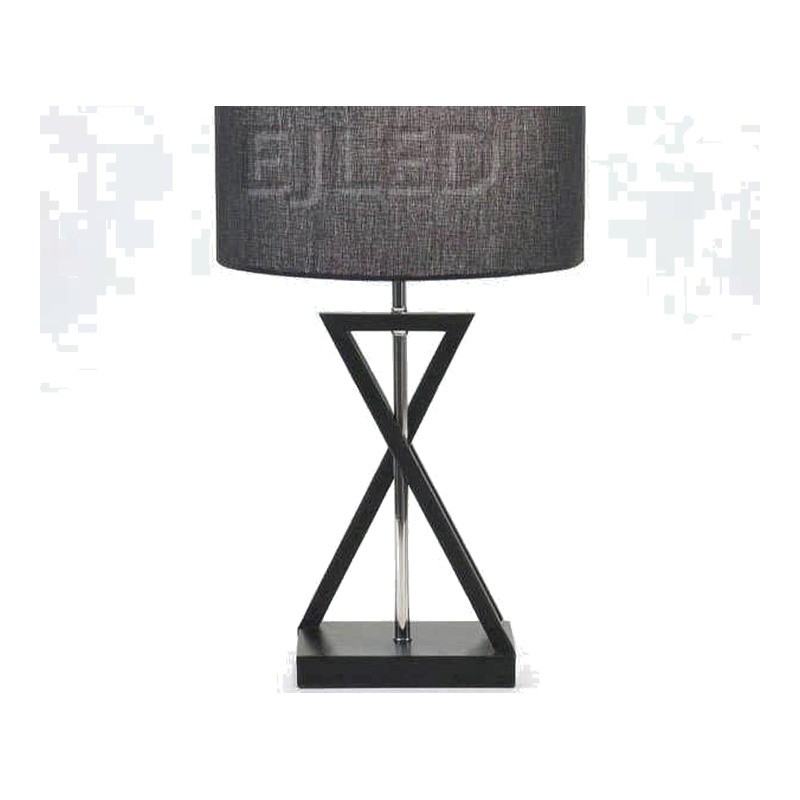 This black fabric shade table lamp features an hourglass geometric metal base in a dark finish and a central chrome support rod, blending modern lines with soft illumination for indoor spaces. - view 3