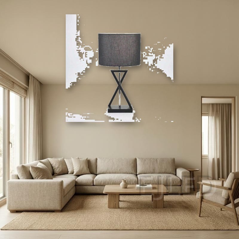 This black fabric shade table lamp features an hourglass geometric metal base in a dark finish and a central chrome support rod, blending modern lines with soft illumination for indoor spaces. - view 4