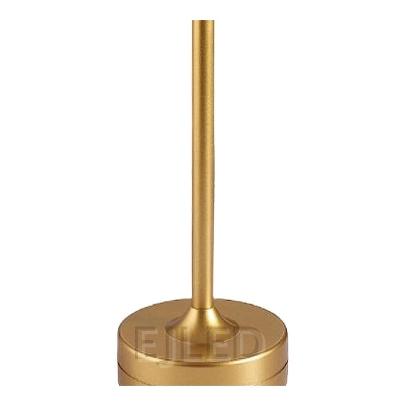 This minimalist metal table lamp features a solid round base, a slender vertical stem, and a flat circular top shade in a uniform gold finish. - view 3