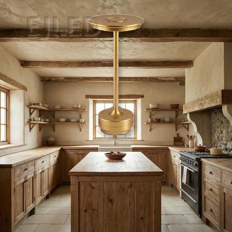 This minimalist metal table lamp features a solid round base, a slender vertical stem, and a flat circular top shade in a uniform gold finish. - view 5
