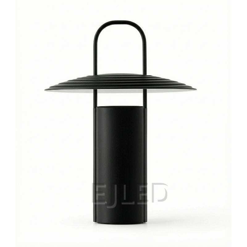 This black metal table lamp features a cylindrical base, a ribbed conical shade, and an upright handle running through the center.