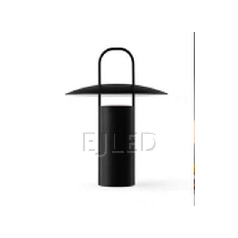 This black metal table lamp features a cylindrical base, a ribbed conical shade, and an upright handle running through the center. - view 2