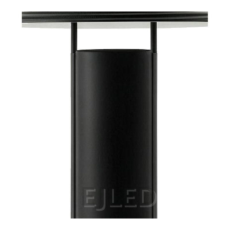This black metal table lamp features a cylindrical base, a ribbed conical shade, and an upright handle running through the center. - view 3