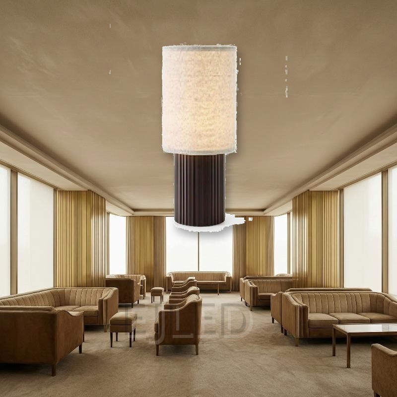 This table lamp features a cylindrical fabric shade paired with a fluted dark brown base, designed for hospitality and residential interior projects. - view 4