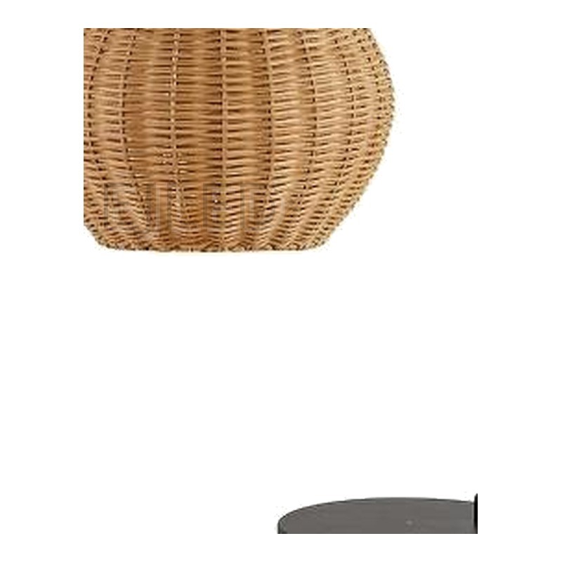 This table lamp features a curved black metal arm holding a woven rattan shade with an open bottom, mounted on a flat round base. - view 3