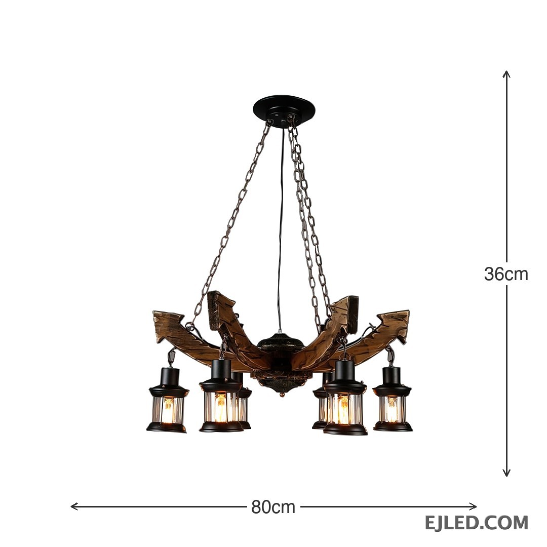 This wooden chandelier features six lantern-style lights suspended from curved, dark brown wooden beams. Each lamp includes a black metal frame and clear, ribbed glass, providing warm, enclosed illumination from visible filament bulbs. - view 3