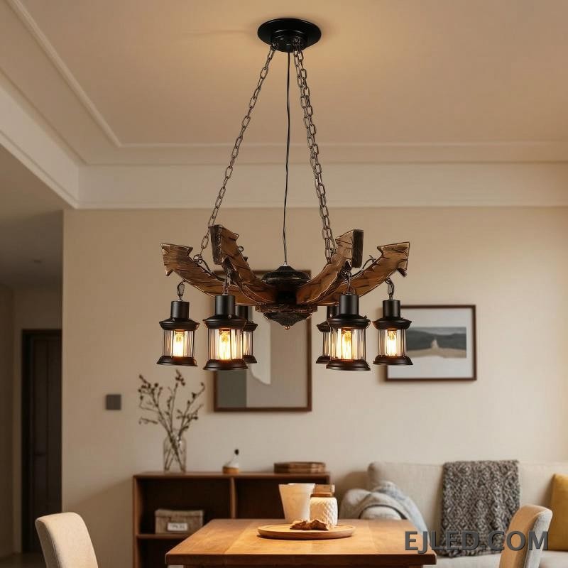 This wooden chandelier features six lantern-style lights suspended from curved, dark brown wooden beams. Each lamp includes a black metal frame and clear, ribbed glass, providing warm, enclosed illumination from visible filament bulbs. - view 5