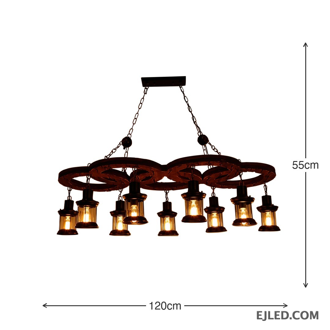 El WD0006 presenta tres pantallas cónicas de hierro con exterior negro mate e interior de madera natural, proporcionando luz descendente enfocada. Su diseño lineal y dimensiones lo hacen adecuado para iluminar grandes mesas de comedor o mostradores. - view 3