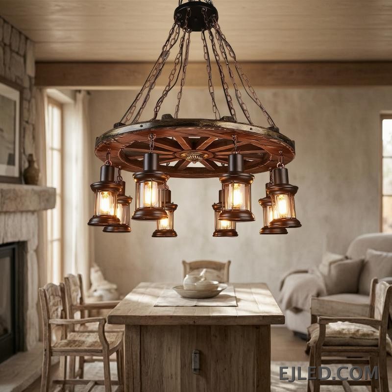 This fixture features a distressed wooden wagon wheel frame suspending eight lantern-style lights. It hangs from multiple chains, creating a rustic aesthetic suitable for various interior designs. - view 4