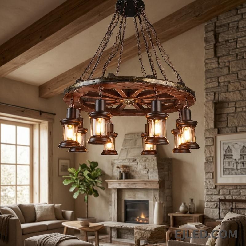This fixture features a distressed wooden wagon wheel frame suspending eight lantern-style lights. It hangs from multiple chains, creating a rustic aesthetic suitable for various interior designs. - view 6