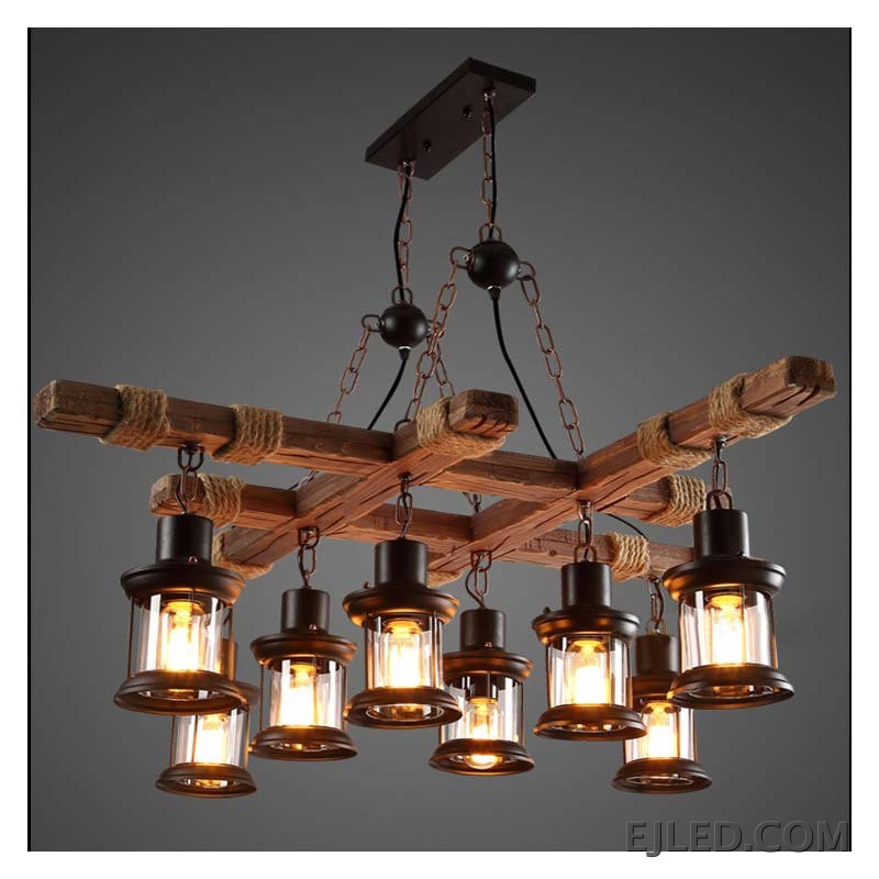 This fixture features a rustic wooden grid structure with rope accents, supporting eight enclosed cylindrical lamps that provide warm light. - view 2