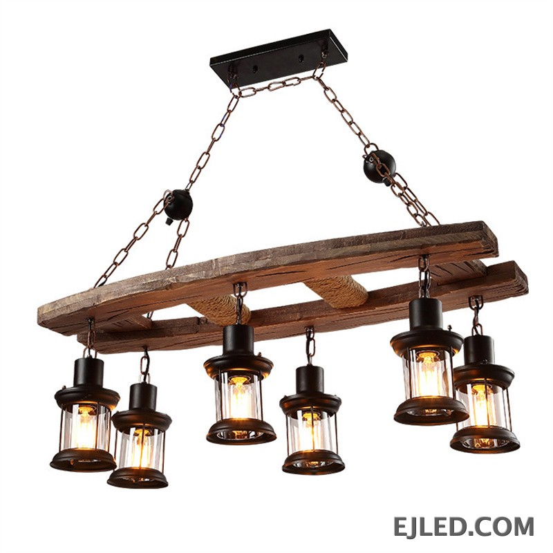This fixture features a rustic wooden grid structure with rope accents, supporting eight enclosed cylindrical lamps that provide warm light. - view 3