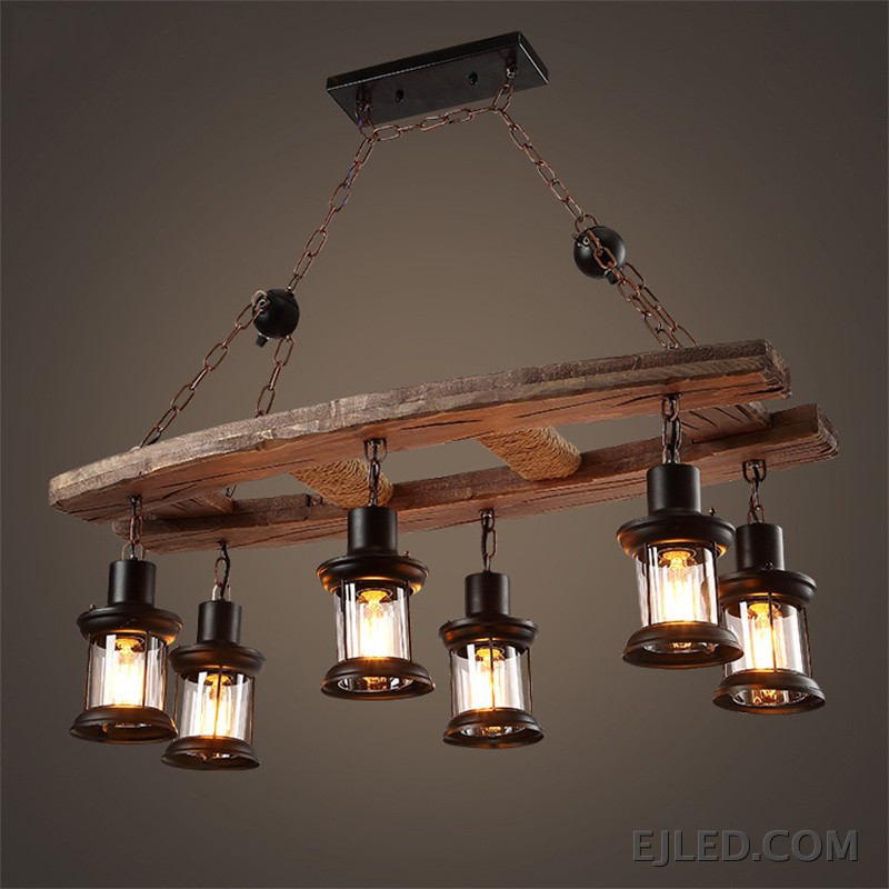 This fixture features a rustic wooden grid structure with rope accents, supporting eight enclosed cylindrical lamps that provide warm light. - view 4