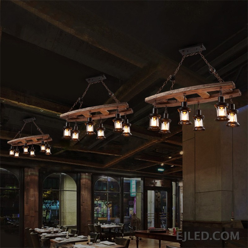 This fixture features a rustic wooden grid structure with rope accents, supporting eight enclosed cylindrical lamps that provide warm light. - view 5