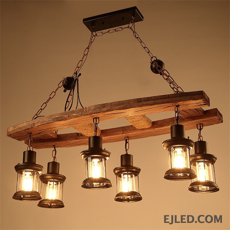 This fixture features a rustic wooden grid structure with rope accents, supporting eight enclosed cylindrical lamps that provide warm light. - view 6