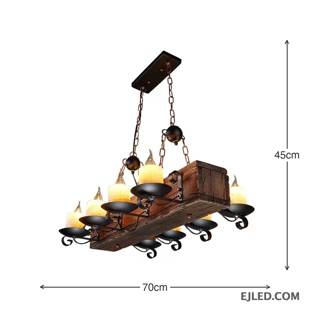 Esta lámpara colgante WD0010 presenta un cuerpo de viga de madera rectangular envejecida con ocho lámparas LED estilo vela expuestas en soportes de metal negro, suspendidas por cadenas para un estilo rústico. - view 2