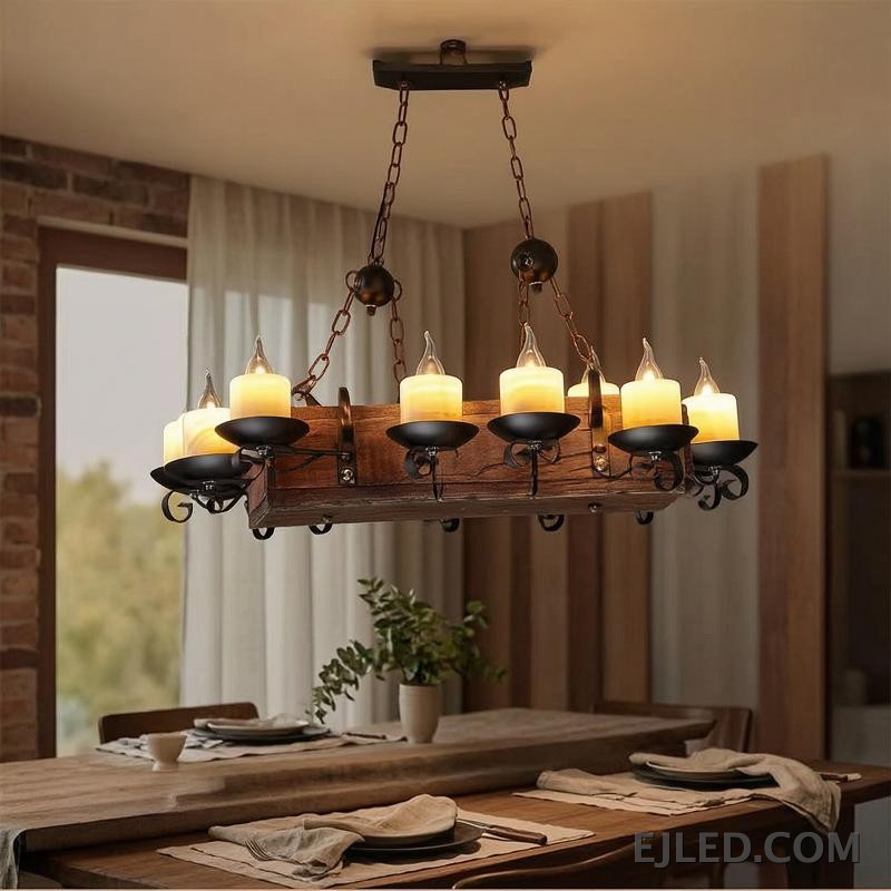 Esta lámpara colgante WD0010 presenta un cuerpo de viga de madera rectangular envejecida con ocho lámparas LED estilo vela expuestas en soportes de metal negro, suspendidas por cadenas para un estilo rústico. - view 4