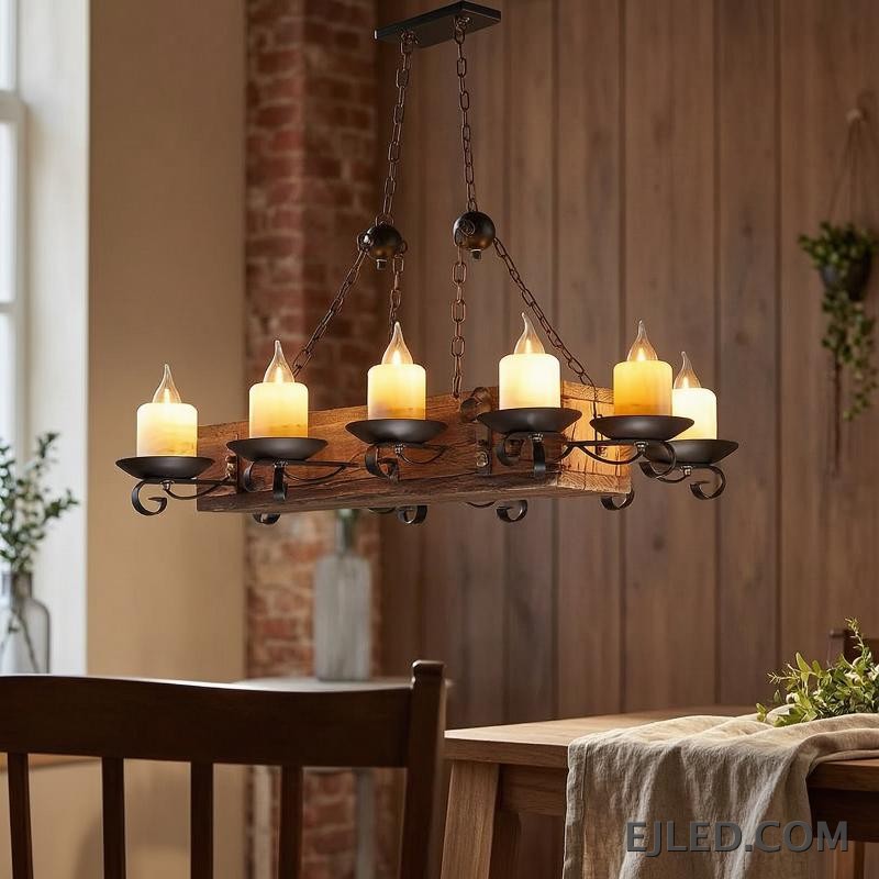 Esta lámpara colgante WD0010 presenta un cuerpo de viga de madera rectangular envejecida con ocho lámparas LED estilo vela expuestas en soportes de metal negro, suspendidas por cadenas para un estilo rústico. - view 6