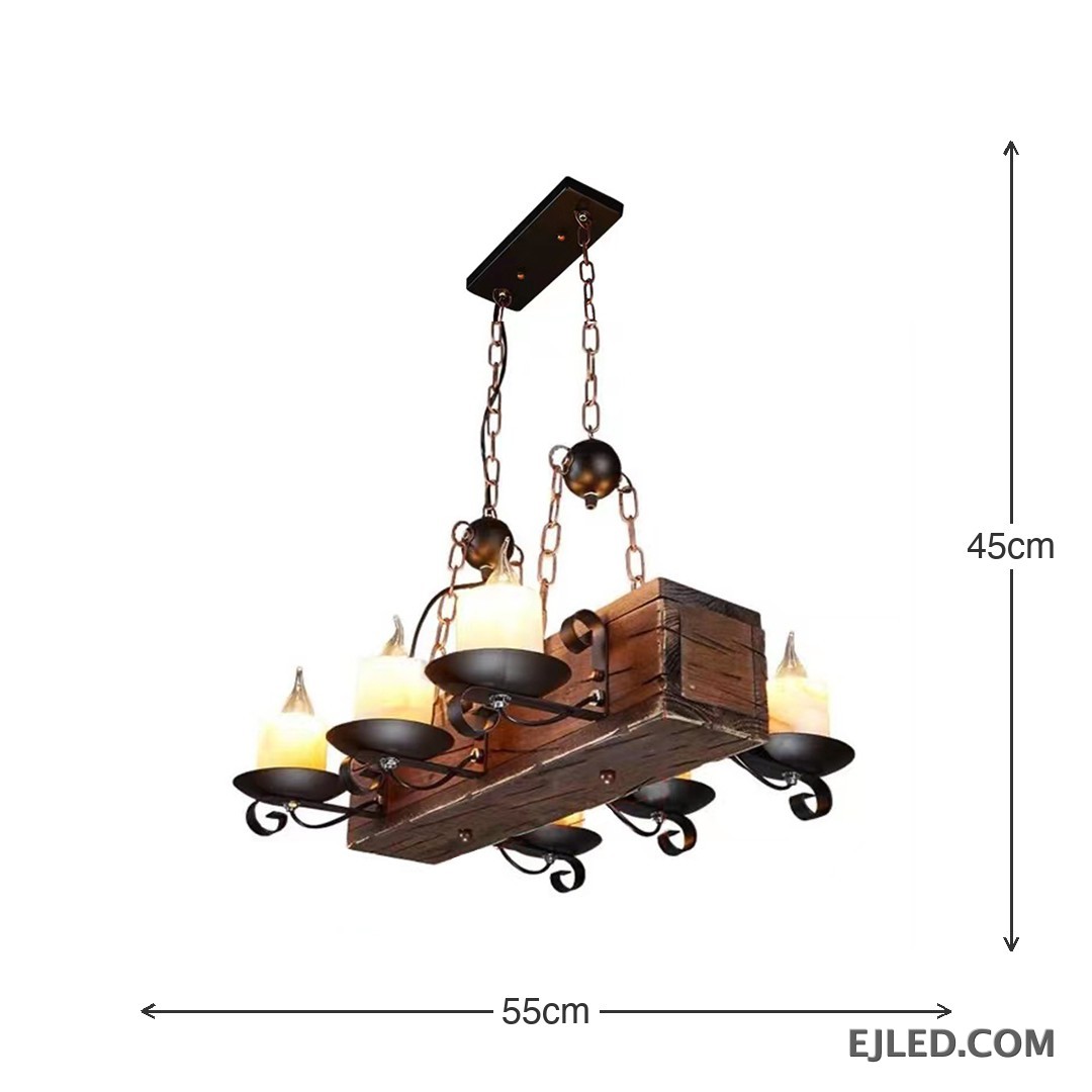 This pendant chandelier features a rectangular wooden beam body suspended by chains. Multiple candle-style lights are mounted on dark metal holders, offering a distinct rustic aesthetic suitable for various project designs. - view 2