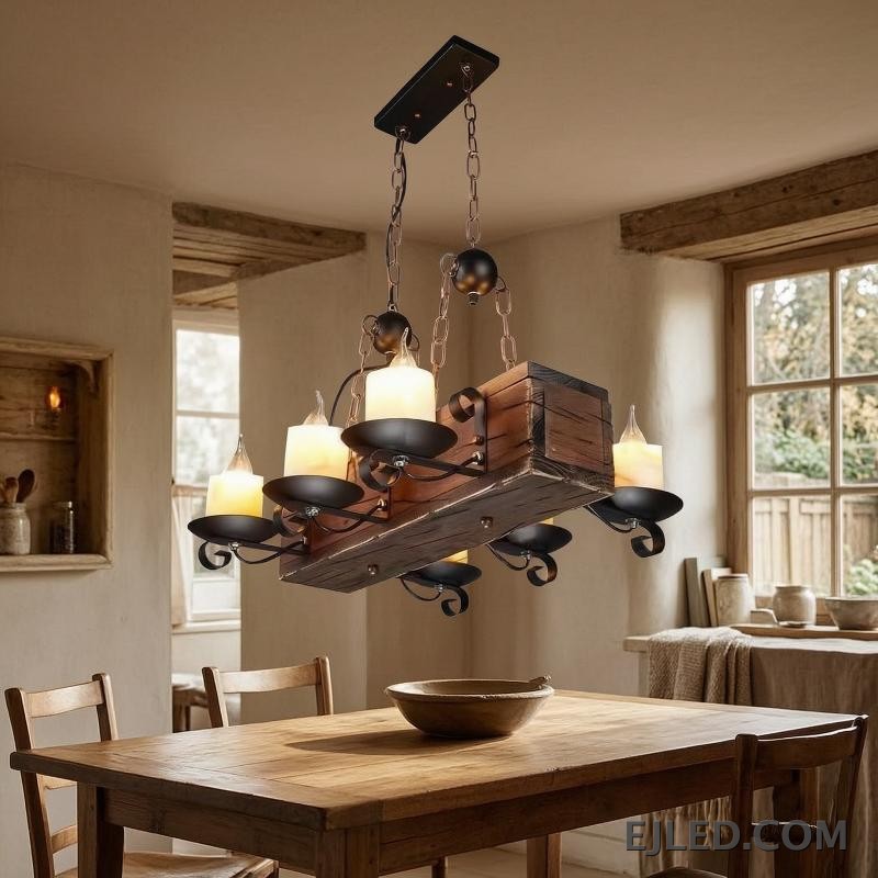 This pendant chandelier features a rectangular wooden beam body suspended by chains. Multiple candle-style lights are mounted on dark metal holders, offering a distinct rustic aesthetic suitable for various project designs. - view 5