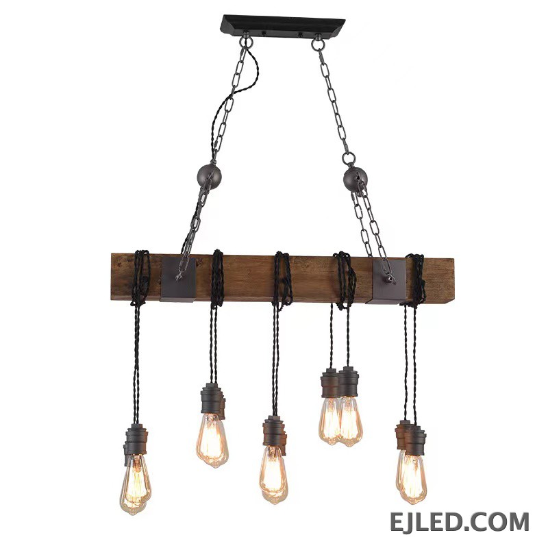 This WD0012 pendant lamp features a rectangular wooden beam suspending five exposed Edison-style bulbs from twisted cords. It hangs from a dark metal ceiling plate by two chains, offering open illumination.